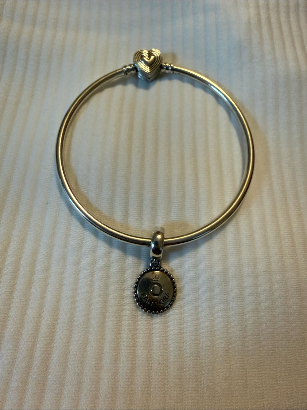 Pandora Silver Heart Clasp Bangle with Round Logo Dangle